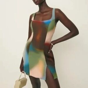 Reformation Noha Mini Dress Blur Abstract Print Square Neck Side Slit Size 8 NEW